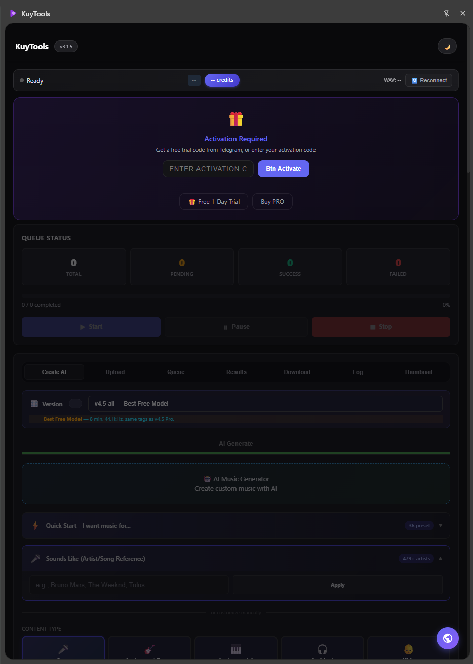 KuyTools Dashboard - AI Music Production Queue and Batch Creator