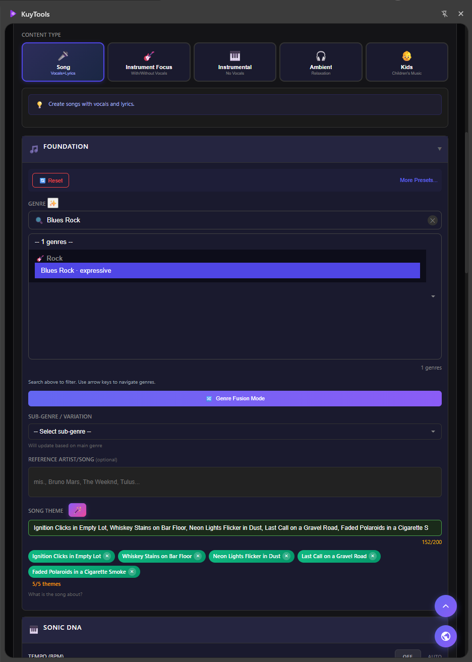 KuyTools AI Music Creator - Genre Selection, Song Theme, and 500+ Presets