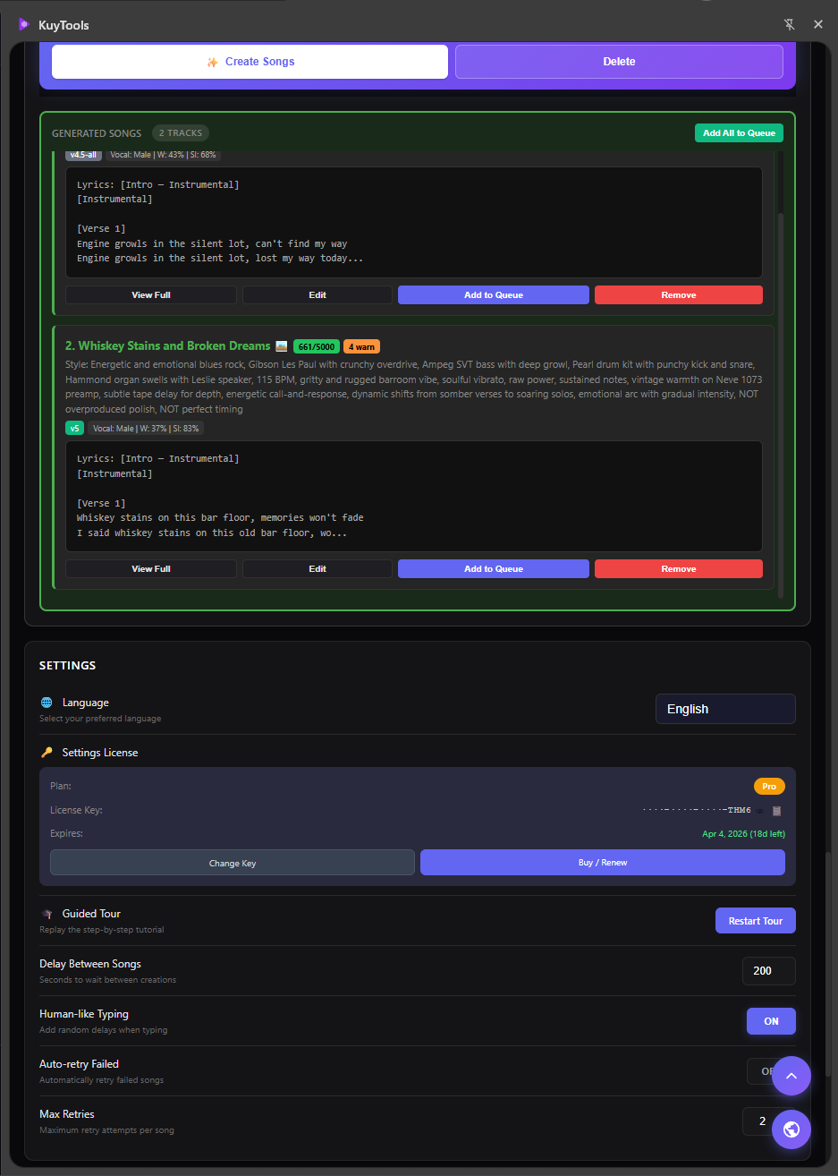 KuyTools Generated Songs Results - AI Lyrics Output with Style Tags and Settings