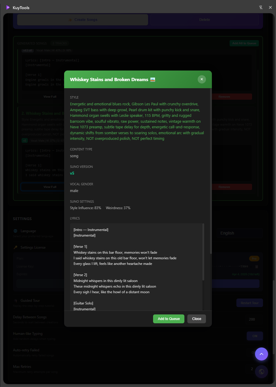 KuyTools Song Detail - Full Lyrics View, Style Tags, and Production Info
